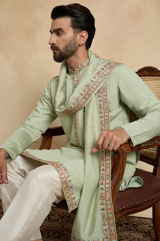 Green Silk Blend Solid Embroidered Sequins Kurta With Dupatta MKUD1070