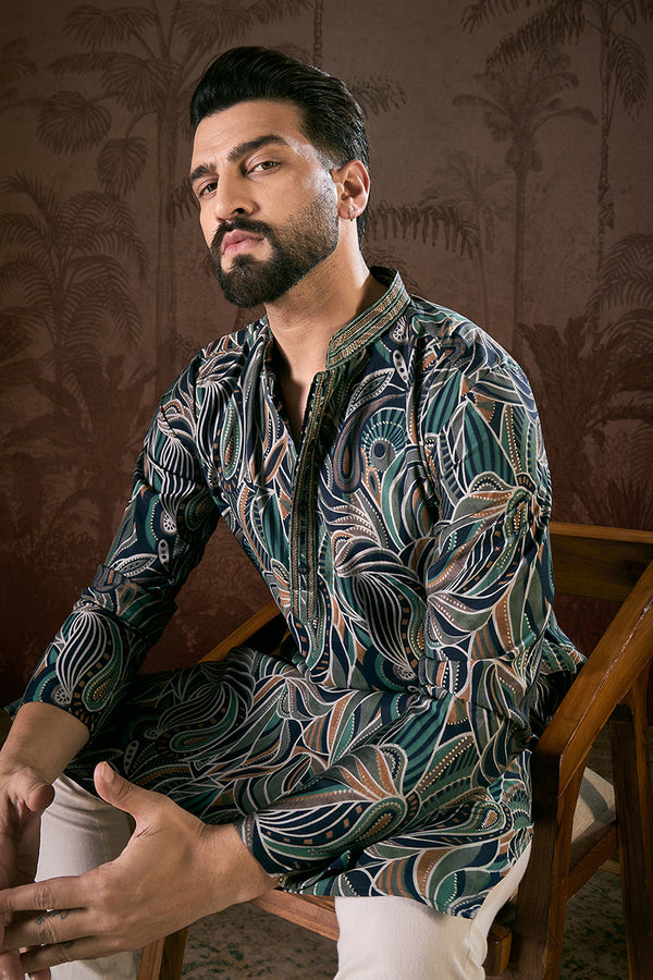 Navy Blue Silk Blend Abstract Printed Straight Kurta MKU1958
