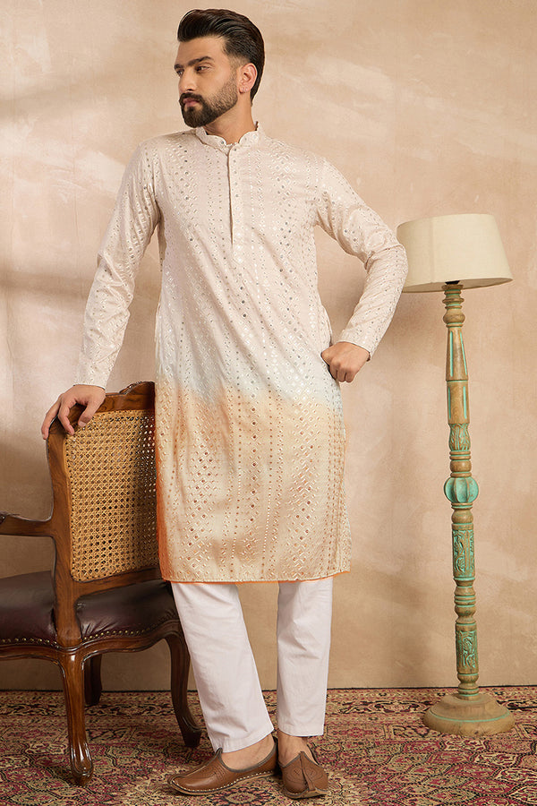 Peach Silk Blend Ombre Embroidered Straight Kurta Sets MKSET1724