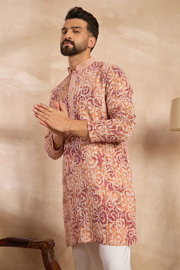 Orange Viscose Rayon Batik Embroidered Straight Kurta With Trouser MKSET1719