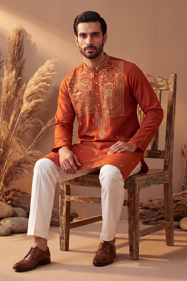 Orange Silk Blend Solid Emboidered Straight Kurta MKU2372
