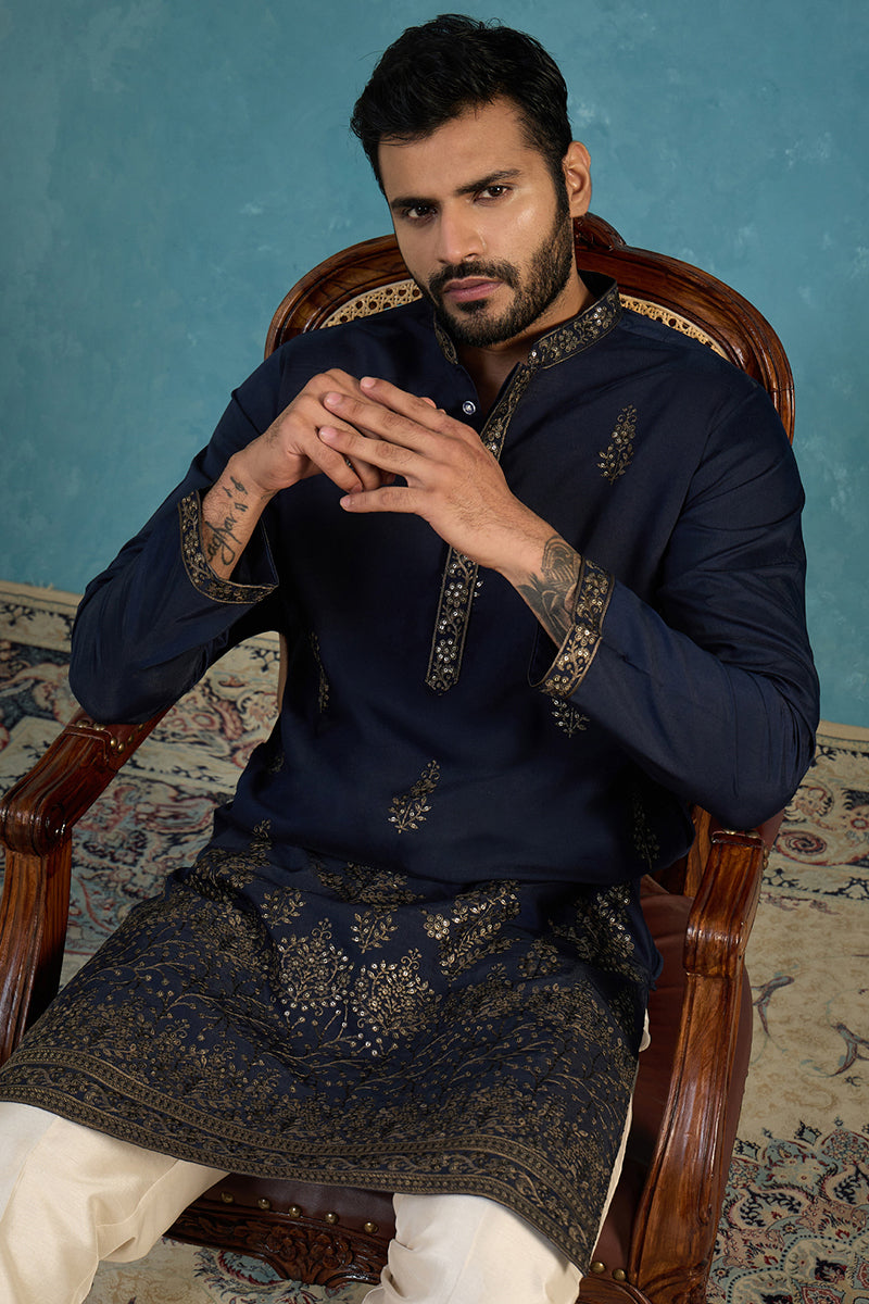 Blue Silk Blend Embroidered Straight Kurta Sets MKSET2122