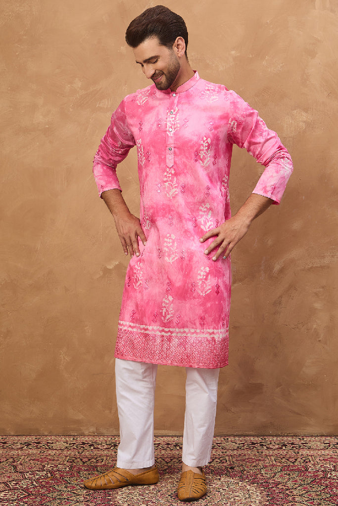 Pink Silk Blend Batik Embroidered Straight Kurta MKU1515