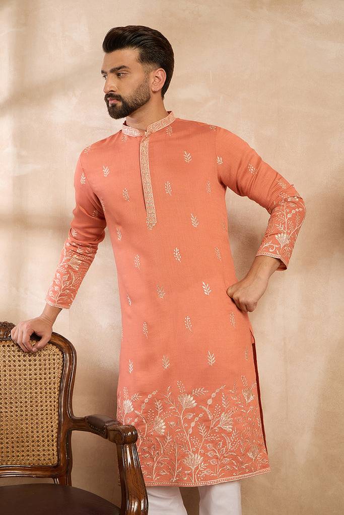 Peach Vartican Solid Embroidered Straight Kurta MKU1935