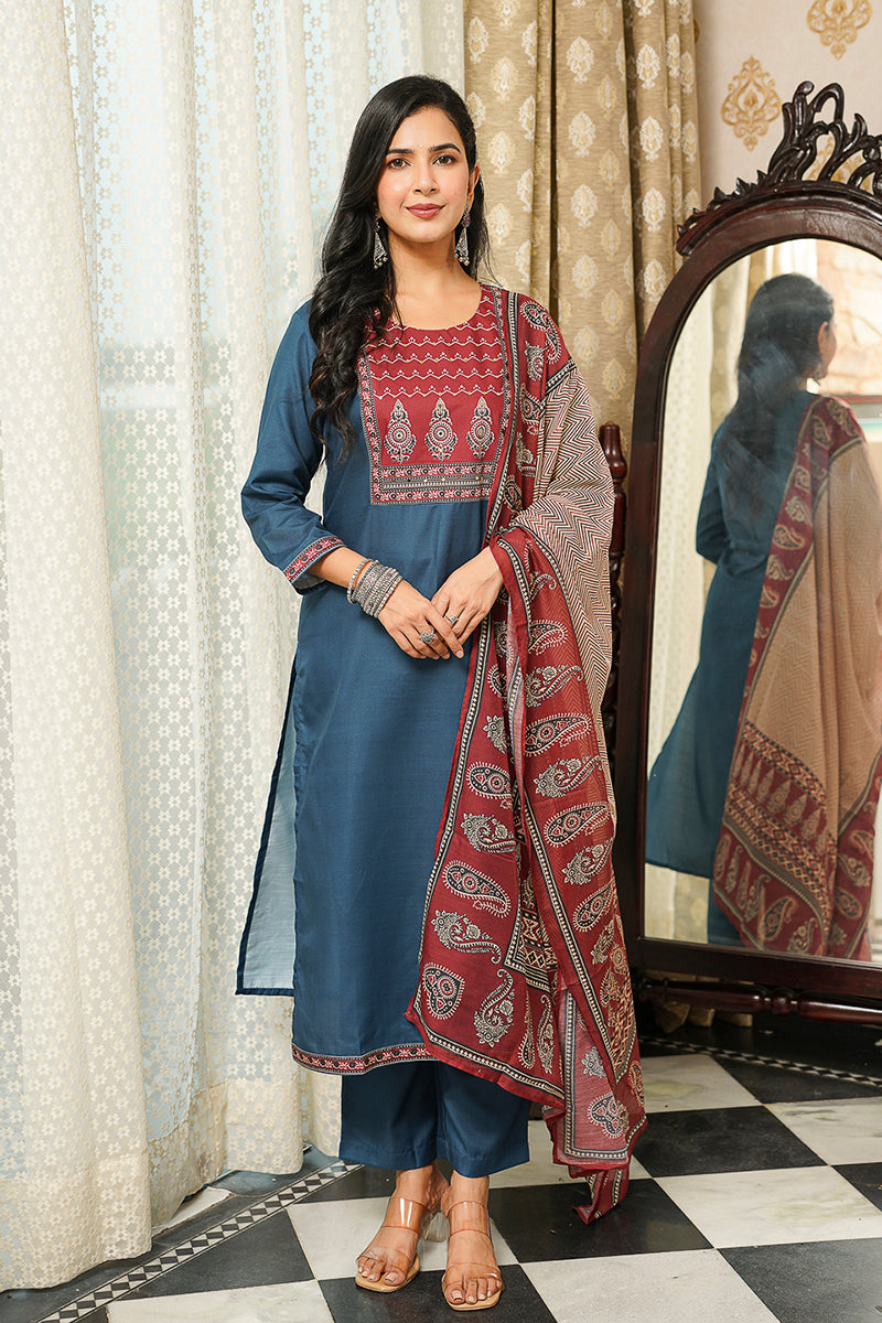 Blue Cotton Blend Ajrakh Printed Straight Kurta Trousers With Dupatta PKSKD3089