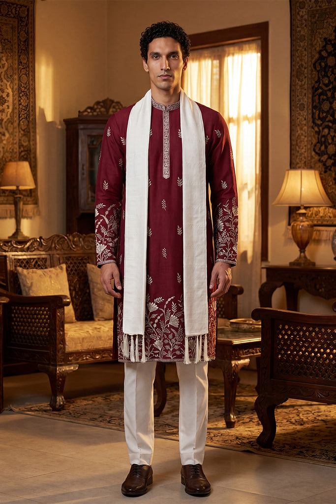 Maroon Silk Blend Solid Embroidered Straight Kurta with Dupatta MKUD1945