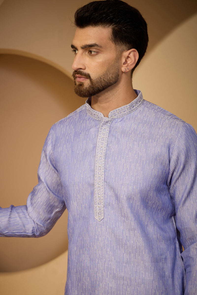 Blue Jacquard Woven Design Mandarin Collar Kurta MKU2777