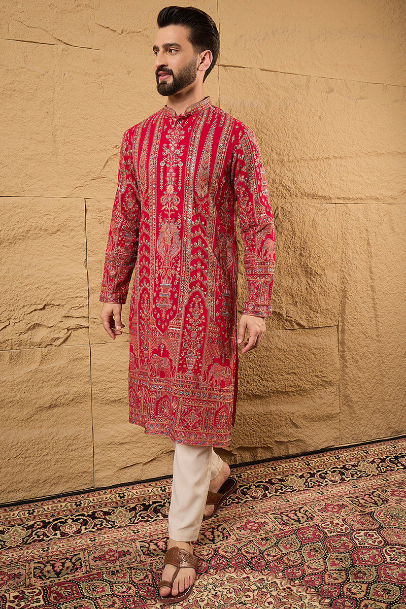 Pink Georgette Solid Embroidered Straight Kurta with Trouser MKSET1160