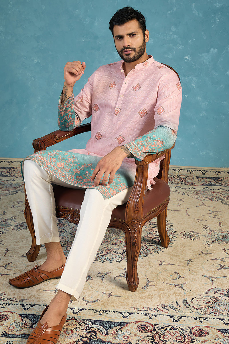 Peach Silk Blend Woven Design Calf Length Straight Regular Kurta MKU2348
