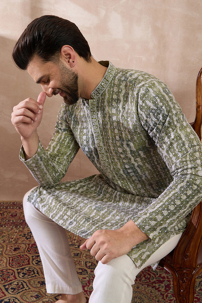 Green Silk Blend Printed Mandarin Collar Straight Kurta MKU1661