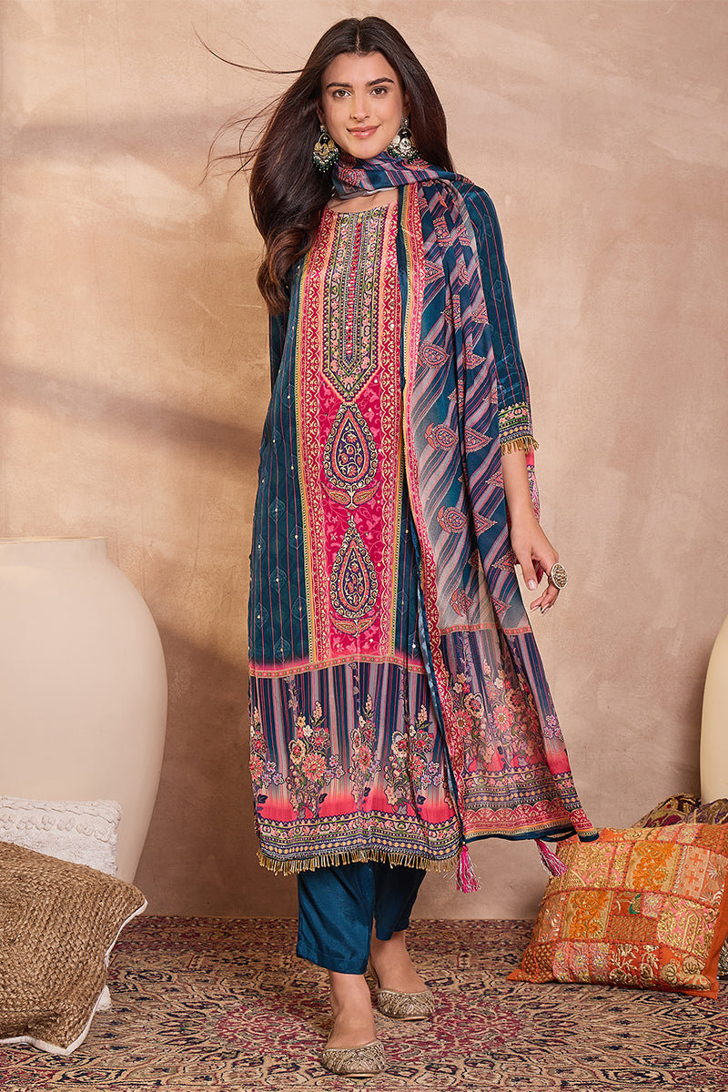Blue Viscose Rayon Embroidered Kurta Trouser With Dupatta  HPKSKD2800