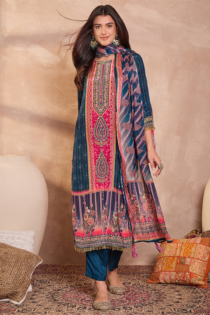 Blue Viscose Rayon Embroidered Kurta Trouser With Dupatta  HPKSKD2800