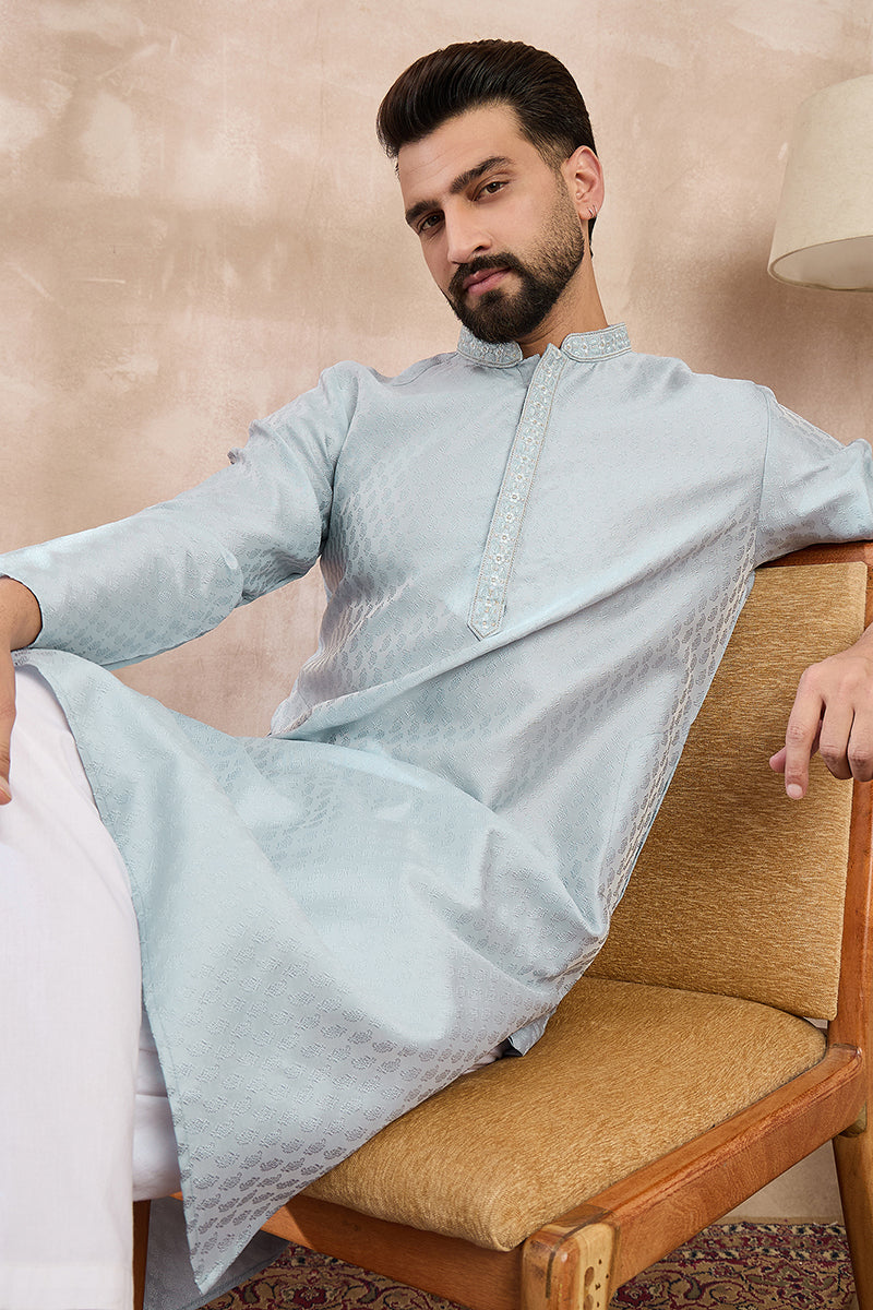 Blue Silk Blend Solid Woven Design Straight Kurta With Trouser MKSET1899