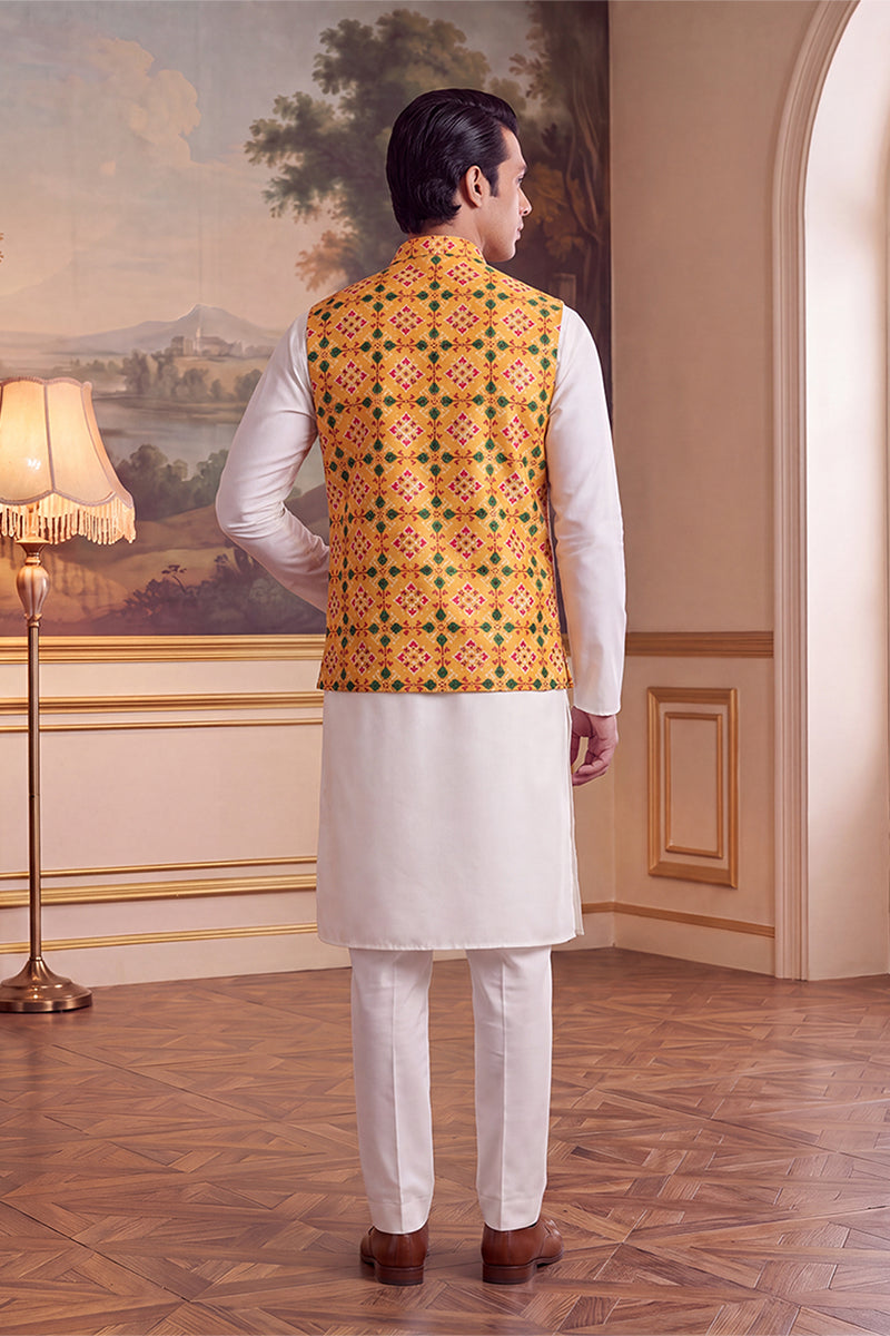 Yellow Silk Blend Patola Print Mandarine Collar Koti MKOT1050