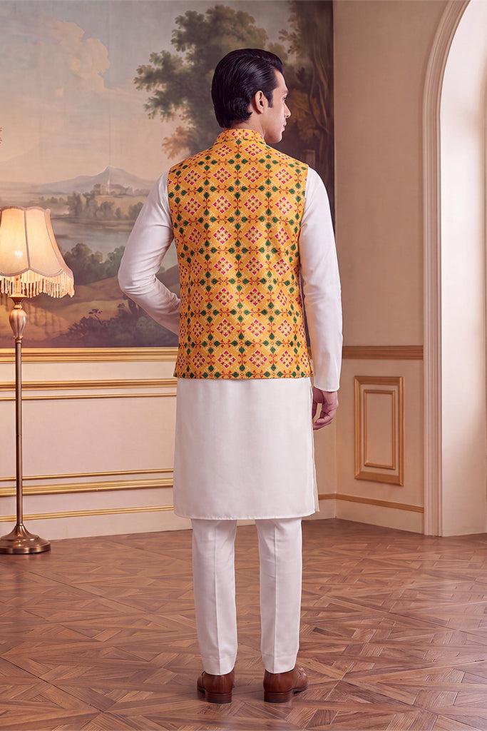 Yellow Silk Blend Patola Print Mandarine Collar Koti MKOT1050
