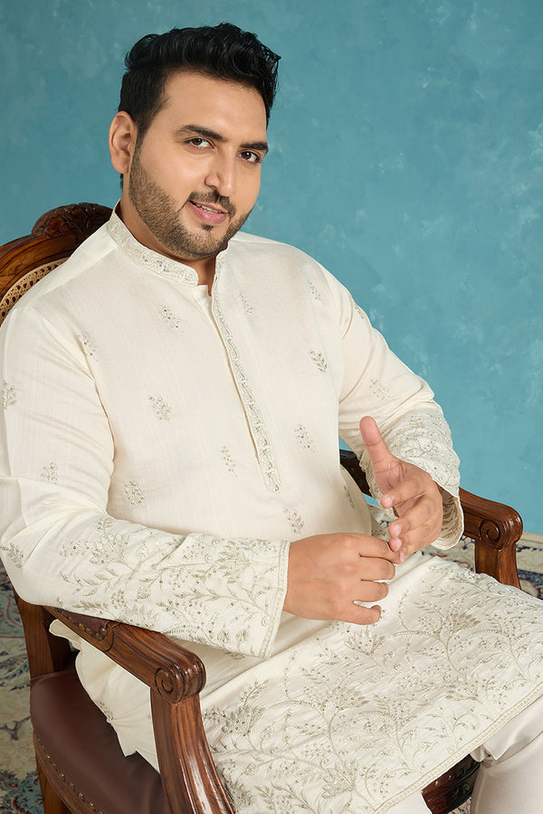 White Silk Blend Floral Thread Work Embroidered Kurta MKU1784