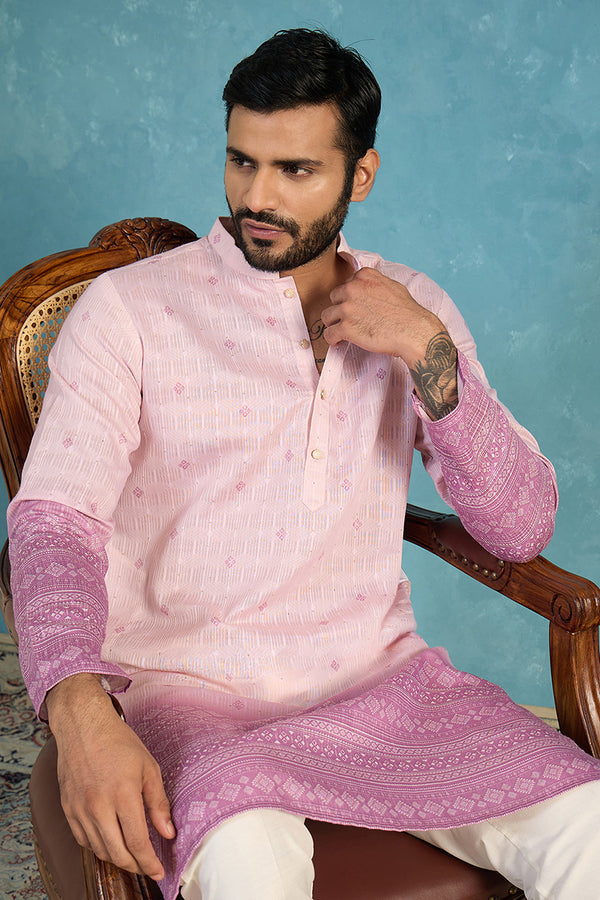Pink Silk Blend Woven Design Calf Length Straight Regular Kurta With Trouser MKSET2347