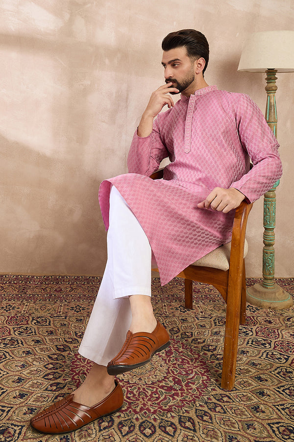Pink Silk Blend Solid Woven Design Straight Kurta MKU1898