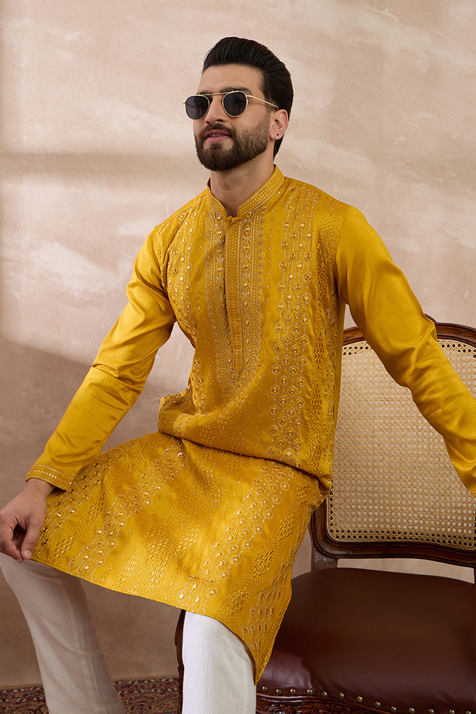 Mustard Silk Blend Embroidered Mandarin Collar Straight Kurta With Trouser MKSET1887