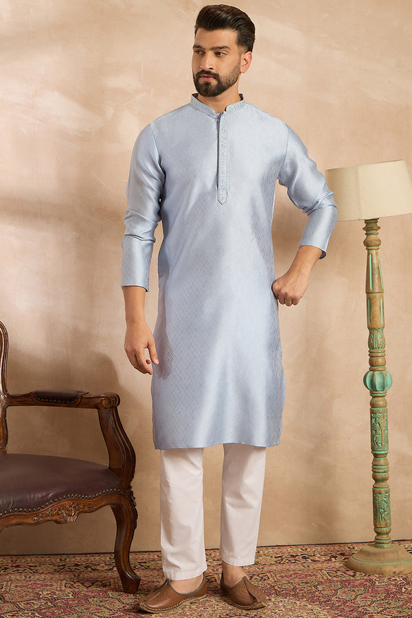 Blue Polyester Solid Embroidered Straight Kurta MKU1841