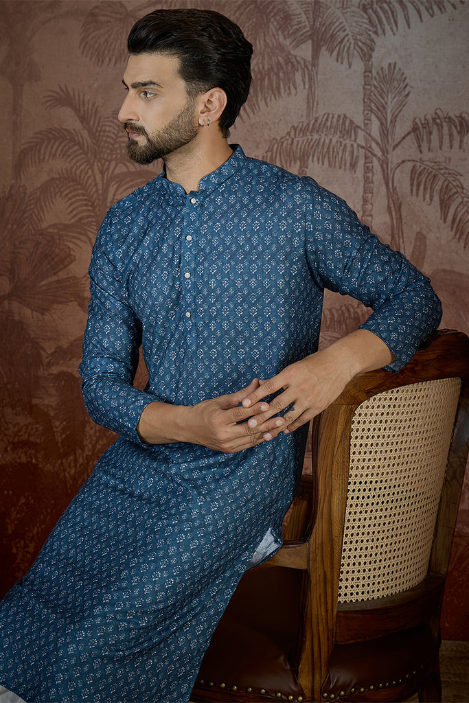 Blue Linen Floral Print Regular Kurta MKU2433
