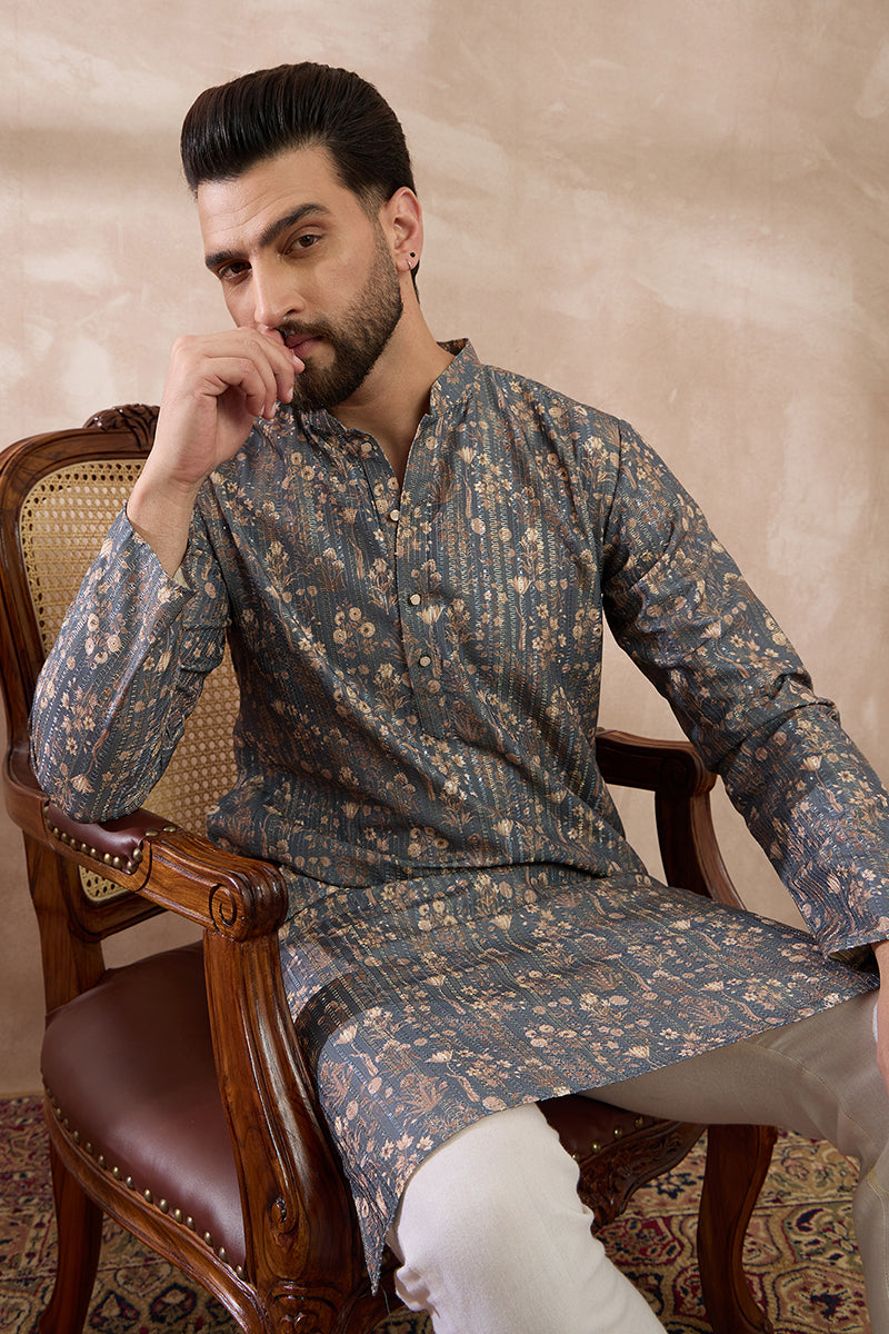 Grey Silk Blend Printed Mandarin Collar Straight Kurta With Trouser MKSET1931