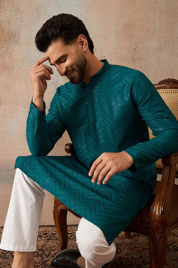 Turquoise Blue Rayon Embroidered Solid Straight Kurta With Trousers MKSET2184