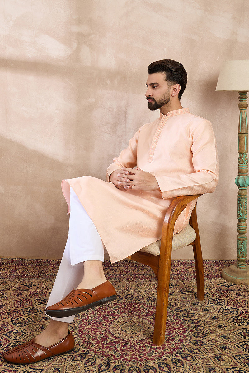 Peach Silk Blend Solid Embroidered Straight Kurta MKU1739