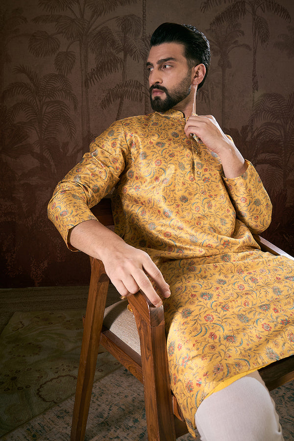 Yellow Silk Blend Floral Printed Straight Kurta MKU1946