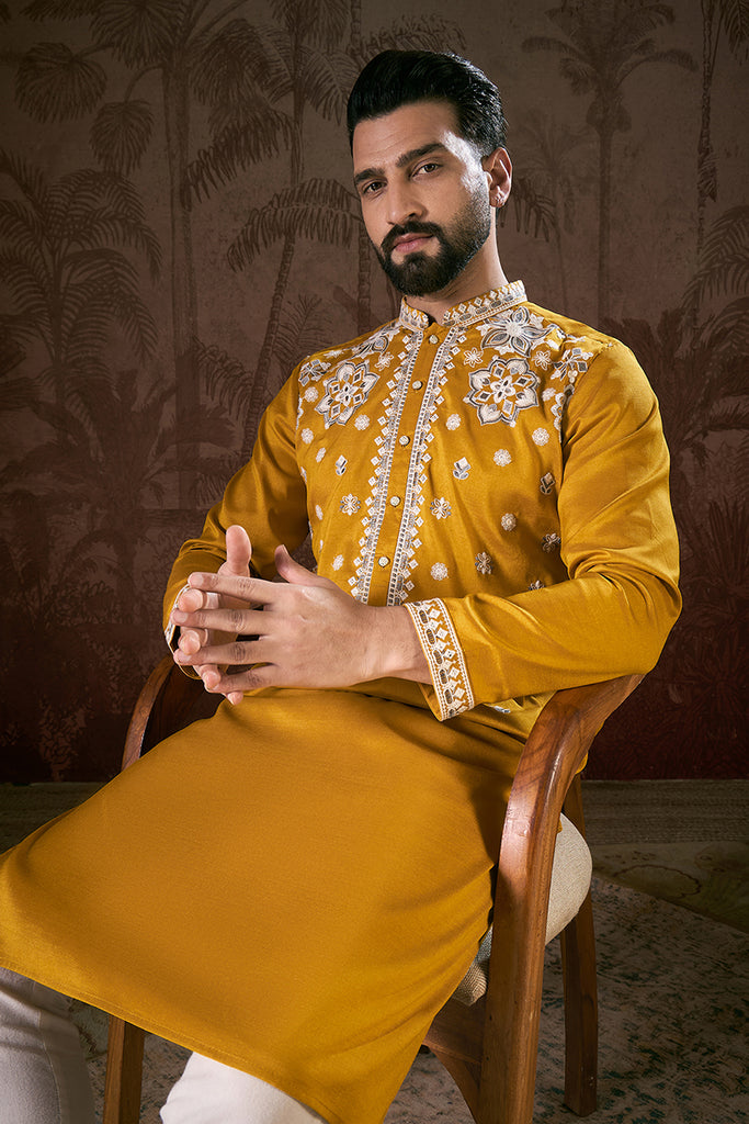 Mustard Silk Blend Solid Embroidered Straight Kurta With Trouser MKSET1796