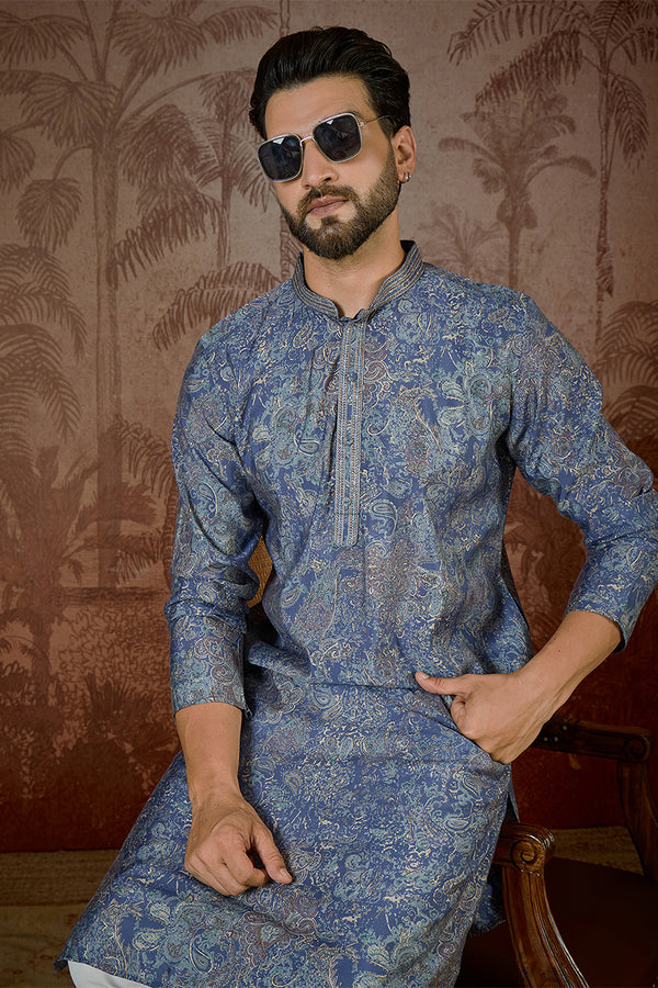 Blue Silk Blend Floral Embroidered Kurta With Trouser MKSET2504