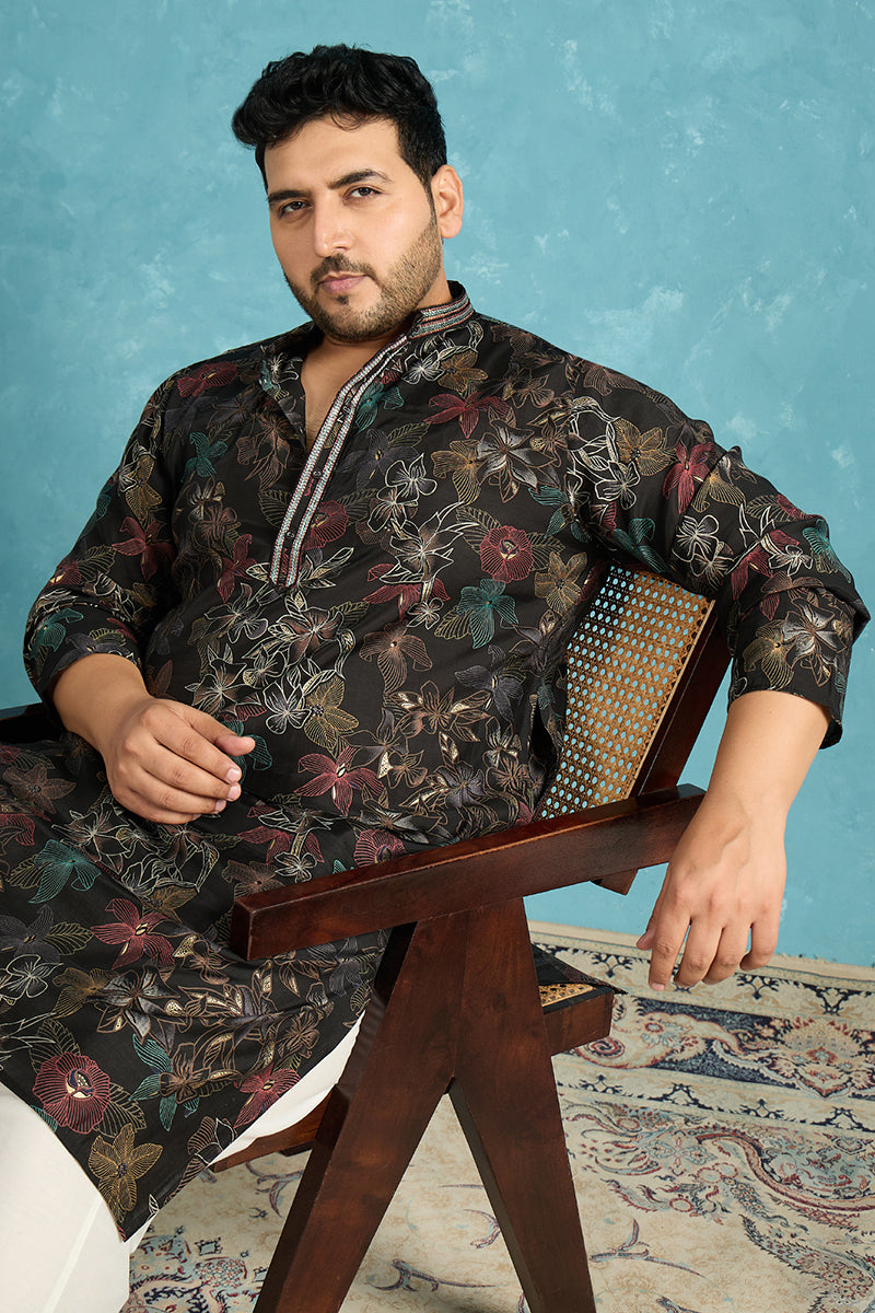 Black Silk Blend Floral Printed Kurta MKU1956