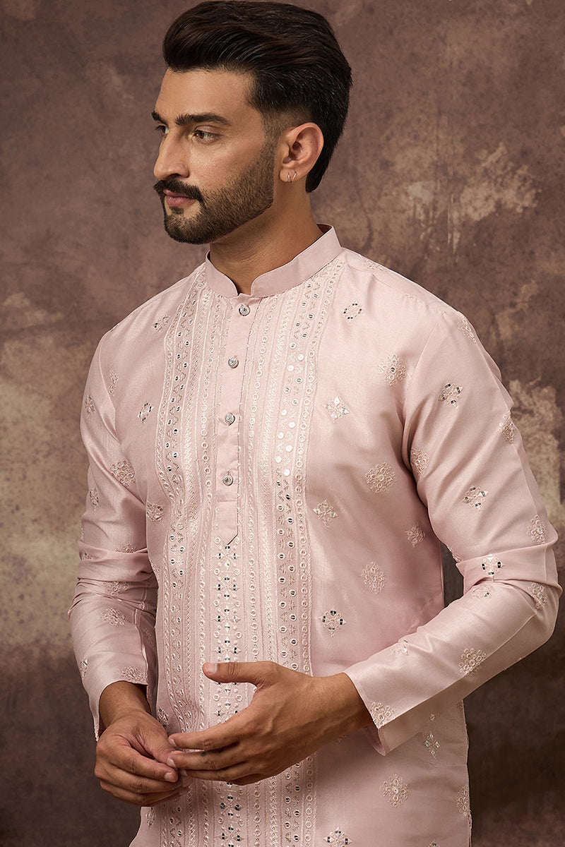 Pink Silk Blend Solid Embroidered Straight Kurta With Pant Set MKSET1362