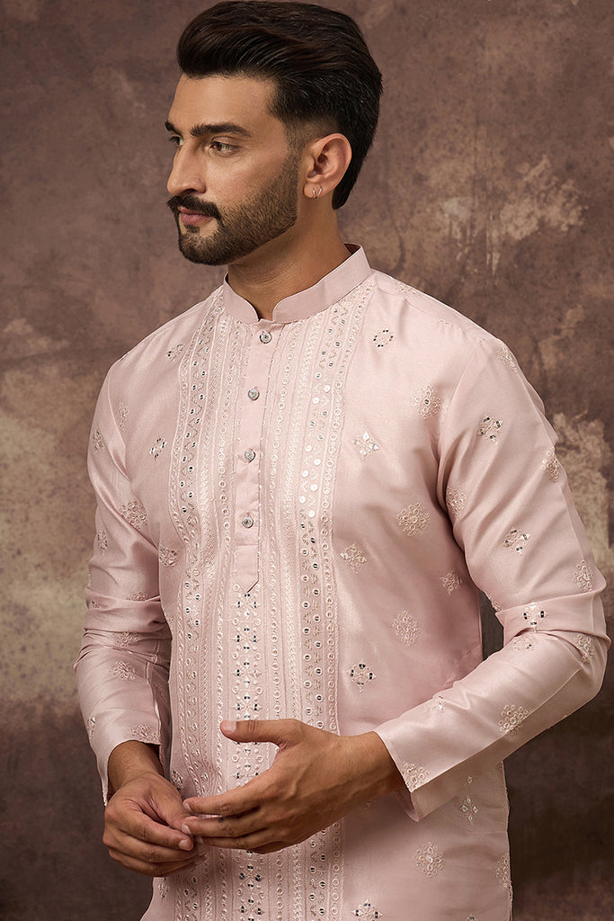 Pink Silk Blend Solid Embroidered Straight Kurta With Pant Set MKSET1362