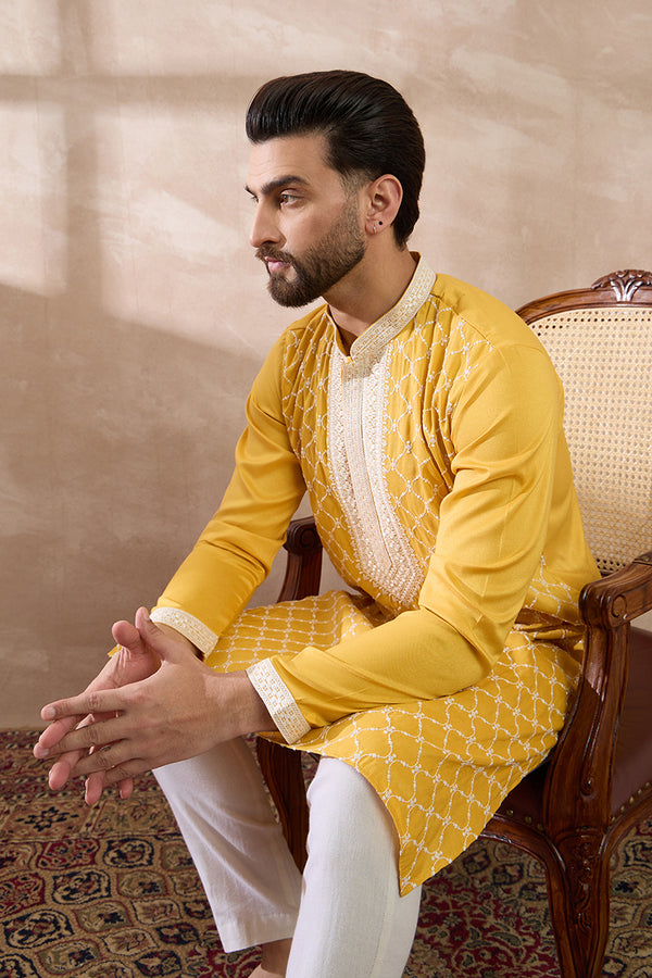 Yellow Silk Blend Embroidered Mandarin Collar Straight Kurta With Trouser MKSET1691