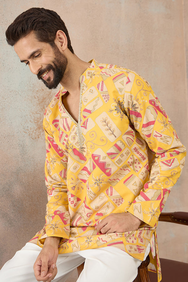 Yellow Silk Blend Ethnic Motifs Embroidered Kurta MKU2455