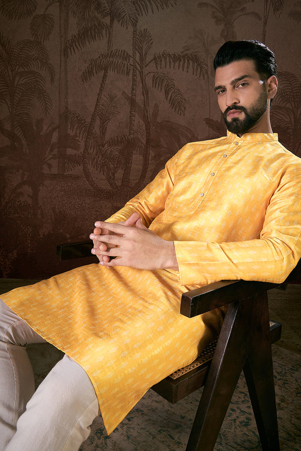 Yellow Silk Blend Ethnic Motifs Printed Straight Kurta With Trouser MKSET1952