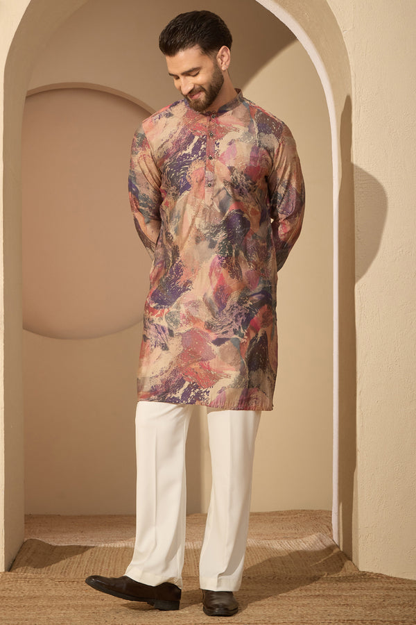 Multi Silk Blend Abstract Printed Mandarin Collar Kurta MKU2621