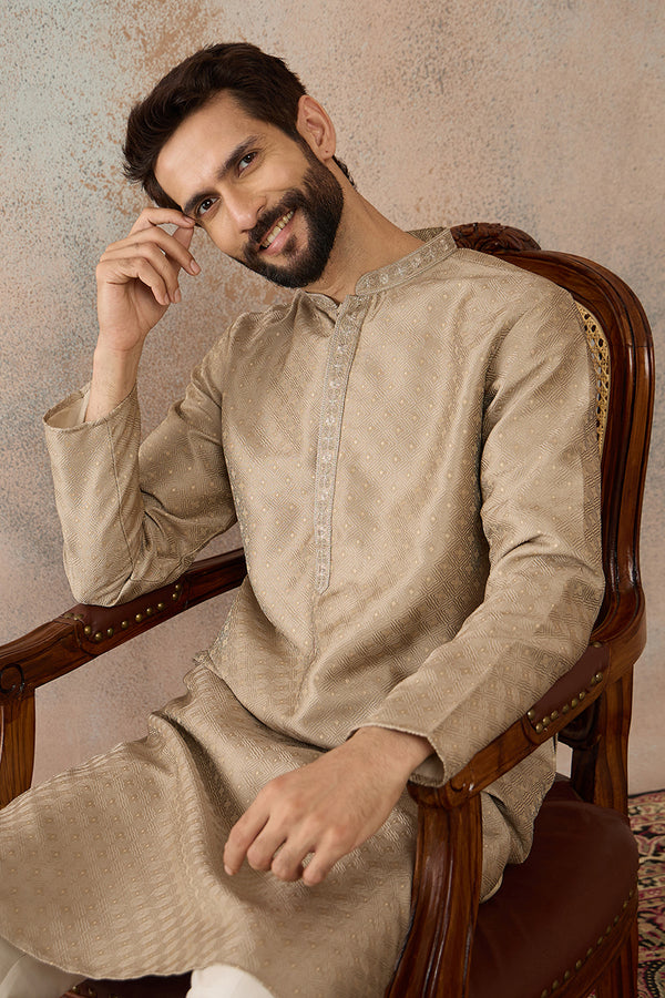 Beige Silk Blend Embroidered Solid Straight Kurta with Trousers  MKSET2326