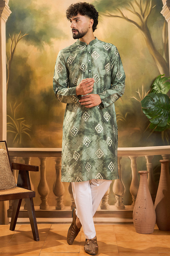 Green Silk Blend Batik Embroidered Straight Kurta with Trouser MKSET1464