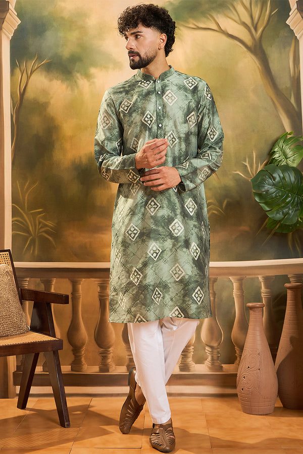Green Silk Blend Batik Embroidered Straight Kurta with Trouser MKSET1464