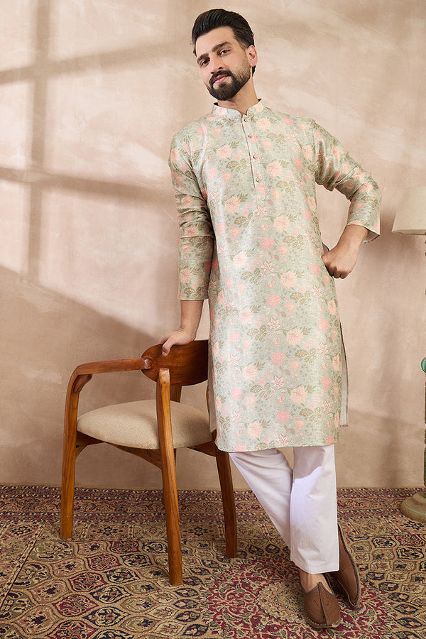 Green Silk Blend Floral Printed Straight Kurta With Trouser MKSET1968