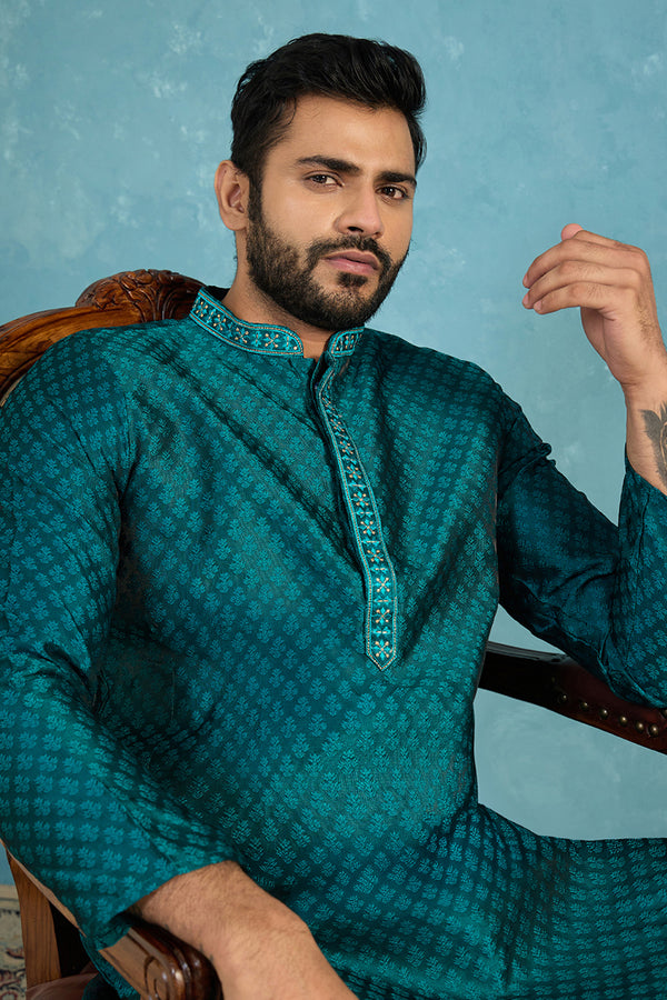 Teal Silk Blend Woven Design Straight Kurta MKU1838
