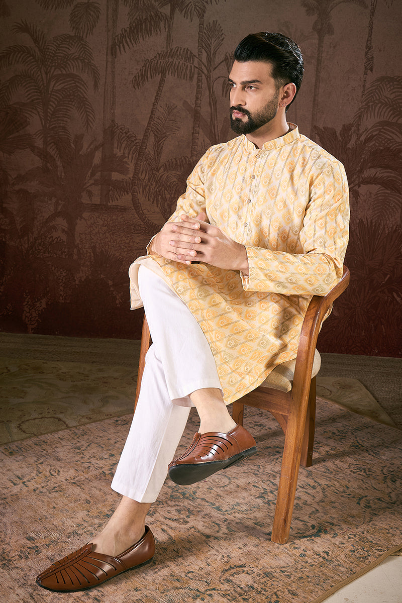 White Silk Blend Ethnic Motifs Printed Straight Kurta With Trouser MKSET1914