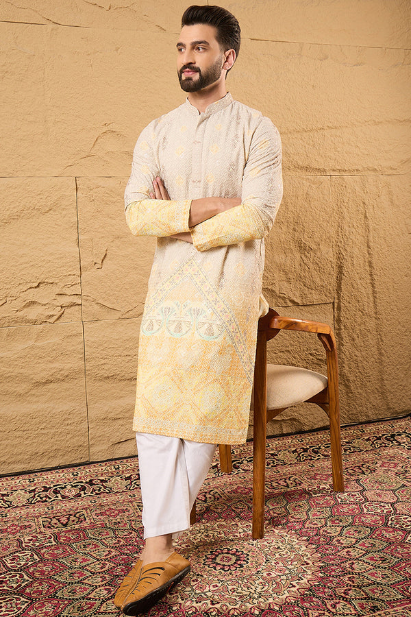 Yellow Viscose Rayon Ethnic Motifs Embroidered Straight Kurta with Trouser MKSET1138