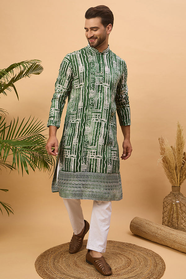 Green Viscose Rayon Batik Embroidered Straight Kurta MKU1500