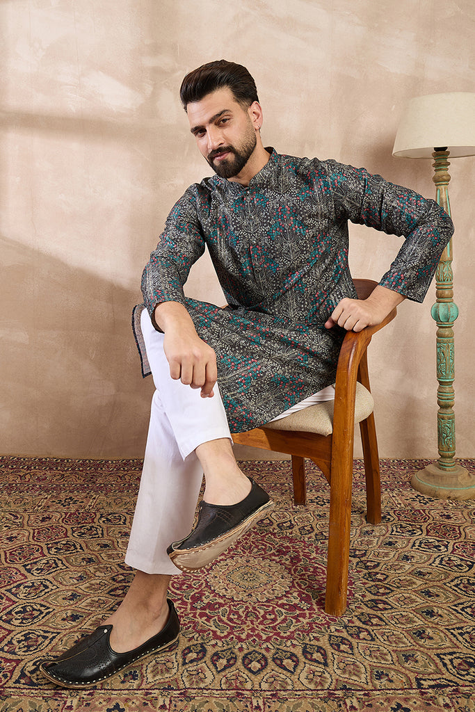 Black Silk Blend Floral Printed Straight Kurta MKU2015