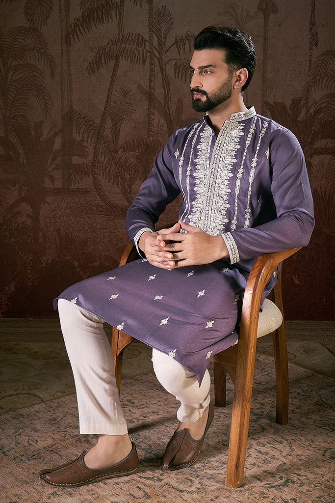 Lavender Silk Blend Solid Embroidered Straight Kurta With Trouser MKSET1792