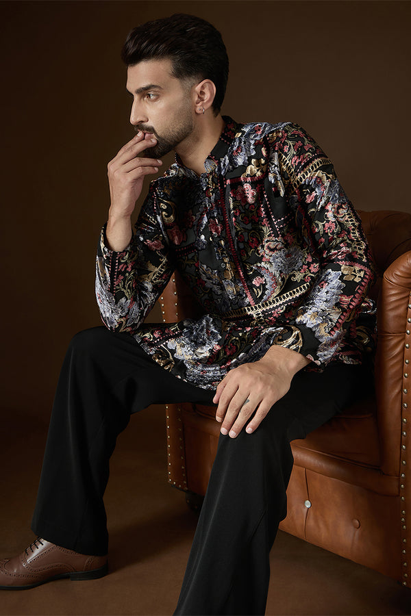 Black Velvet Geometric Printed Kurta With Trouser MKSET2723