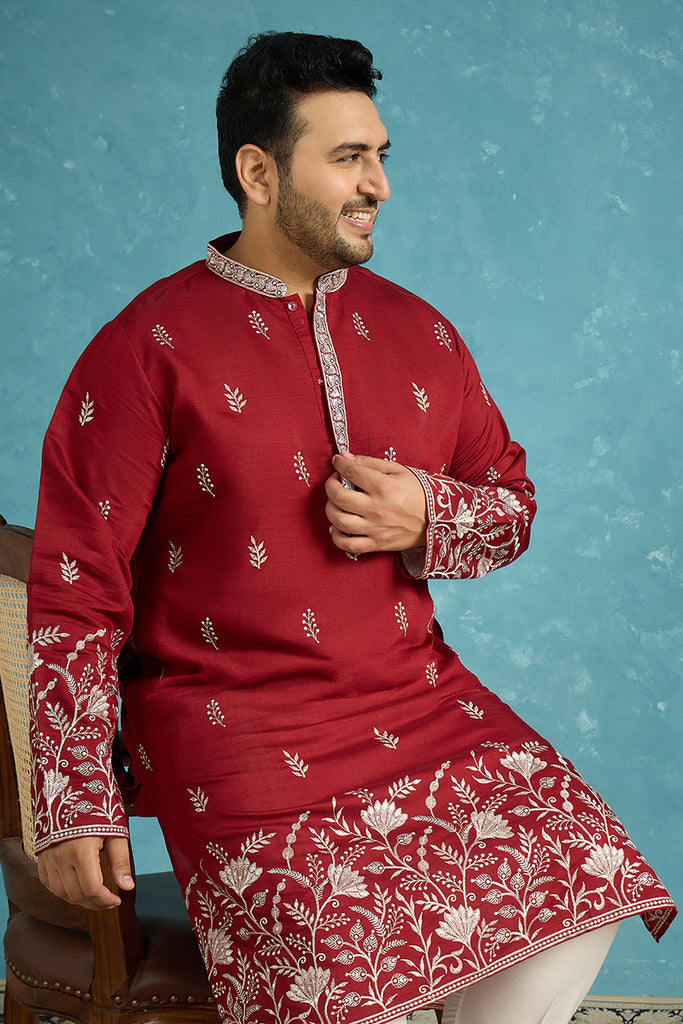 Maroon Silk Blend Solid Thread Work Embroidered Kurta MKU1945